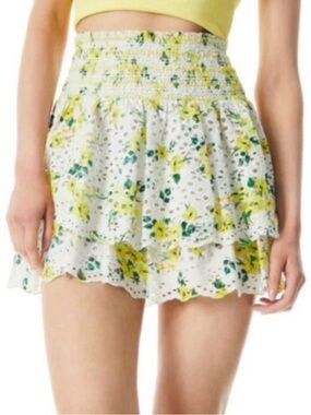 Alice + Olivia Bethie Floral Eyelet Mini Skirt Yellow White Smocked Size 10